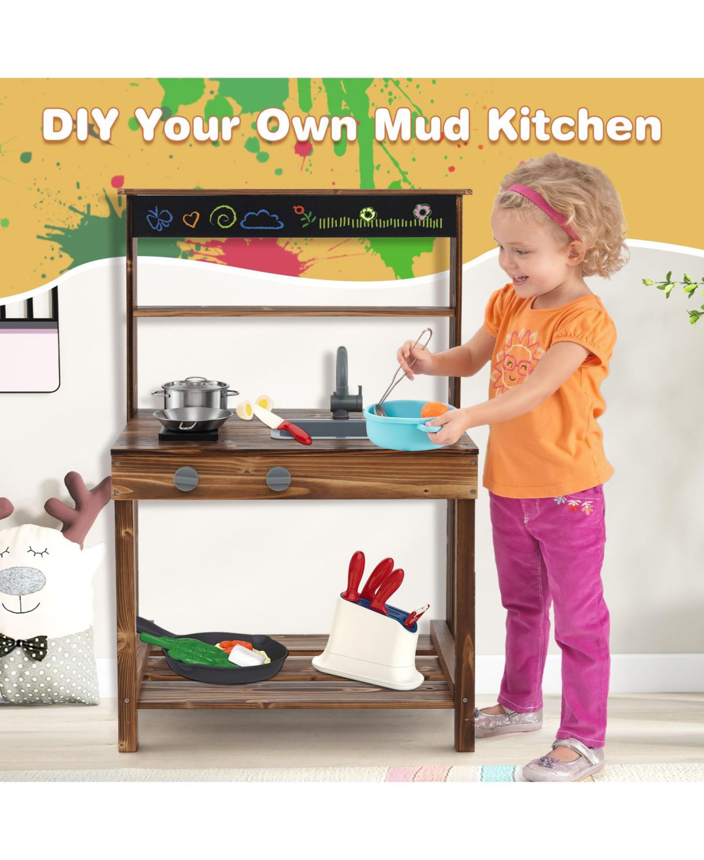 Детская игрушка Mecale Wooden Mud Kitchen with Rotatable Faucet, Ages 3+, цвет: Коричневый — фото 8