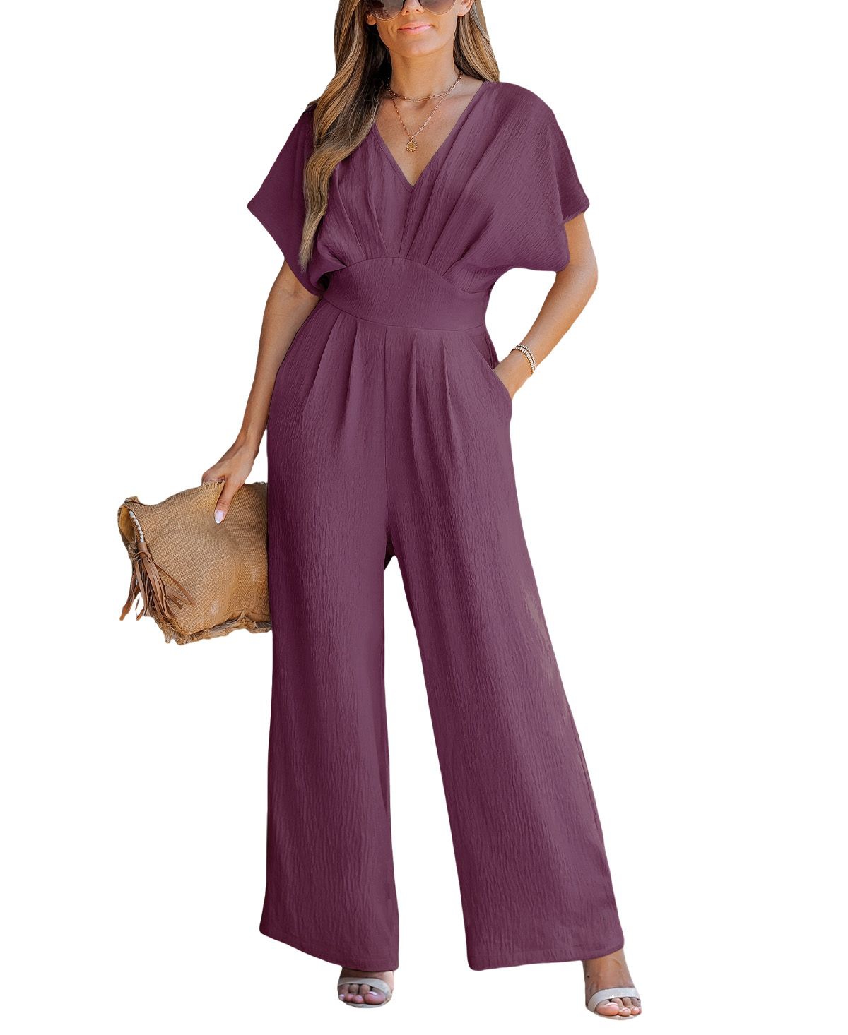Cupshe Women's V-Neck Short Sleeve Straight Leg Jumpsuit - Purple