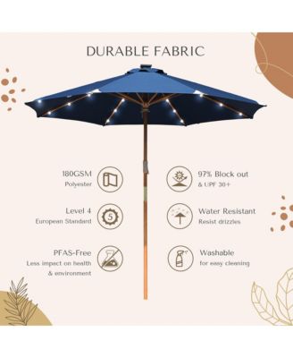 Boho 32 LED 9Ft Wood Market Patio Umbrella with Solar Lights for Bar Hotel Resort Alfresco Dining Rooftop Restauran Navy Blue