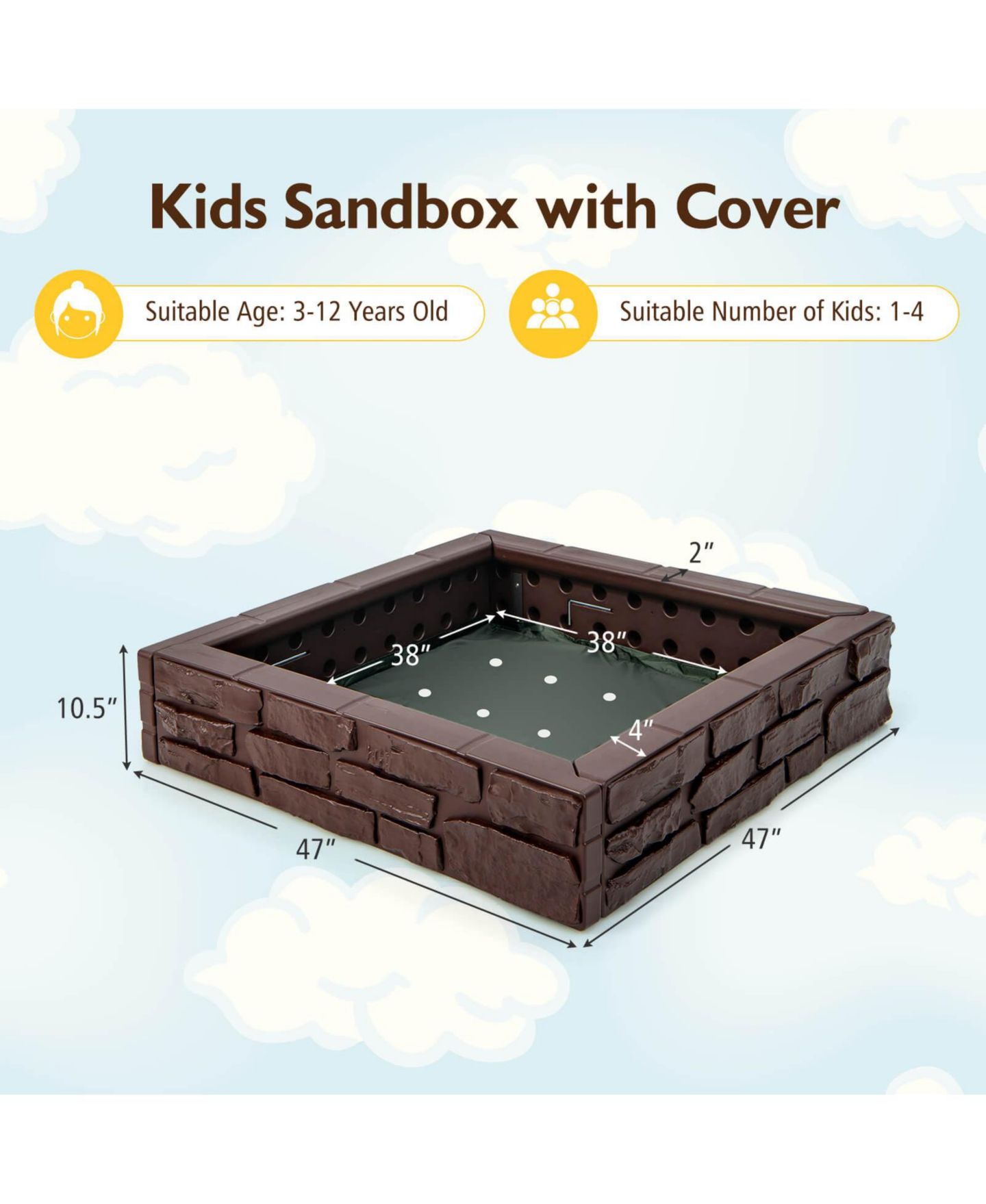 Детская игрушка Mecale 2-In-1 Hdpe Sandbox with Cover, 47" x 47", Ages 3-12, цвет: Коричневый — фото 2