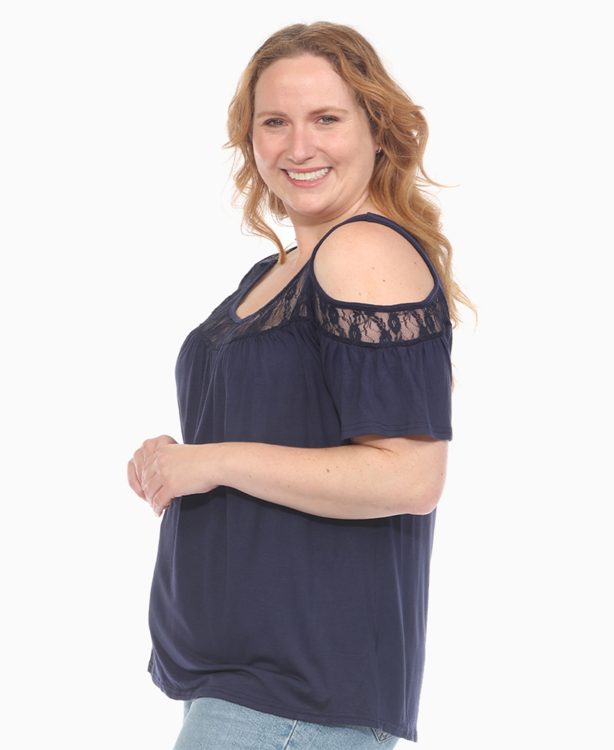 White Mark Plus Size Cold Shoulder Lace Trim Knit Top