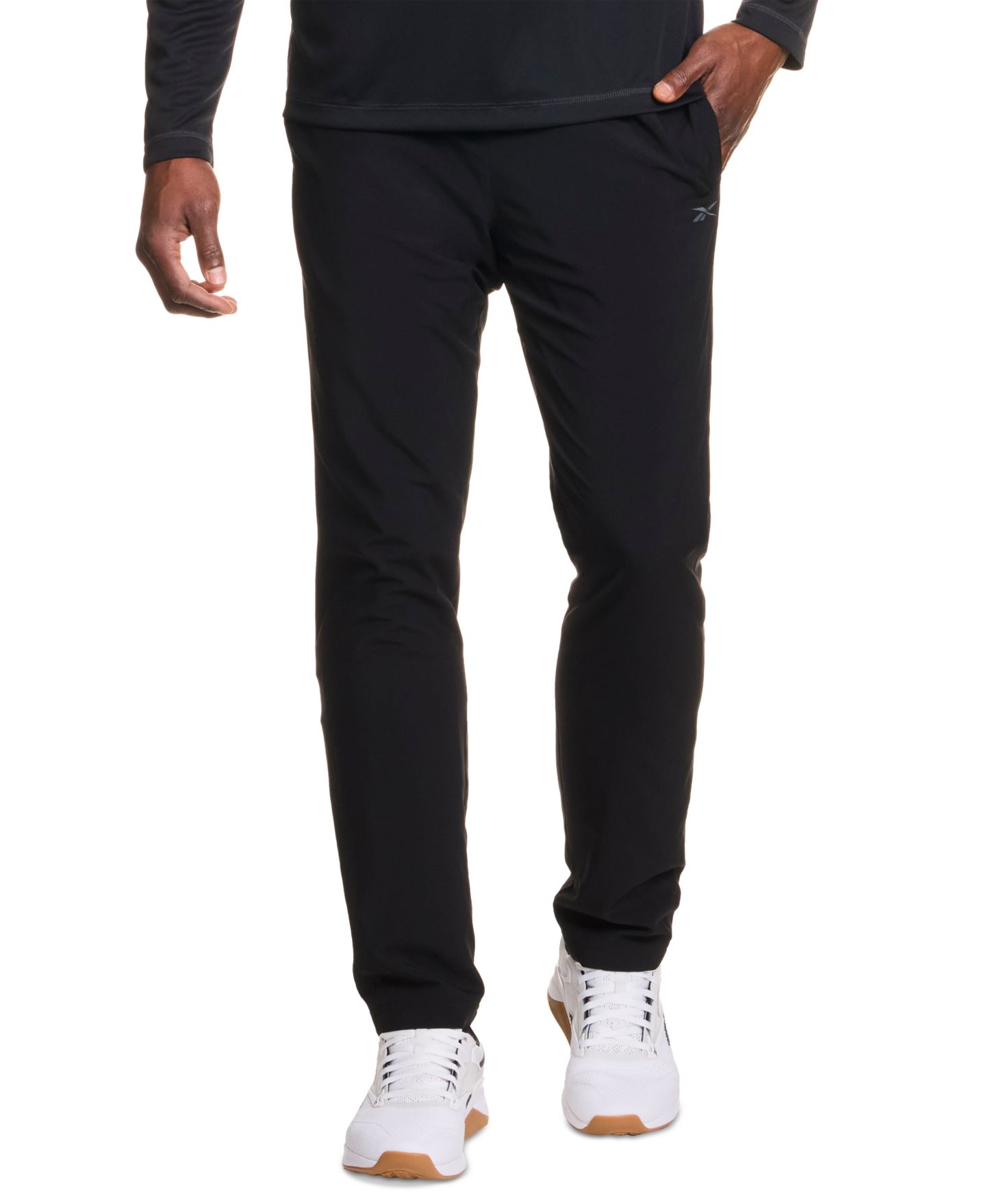 Мужские брюки Reebok Woven Logo Slim-Fit Track Pants, цвет: Чёрный / Белый — фото 1