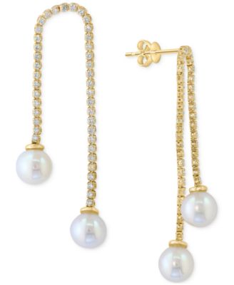 EFFY Collection - Cultured Freshwater Pearl (7mm) & White Zircon (1-1/6 ct. t.w.) Chain Drop Earrings in 14k Gold