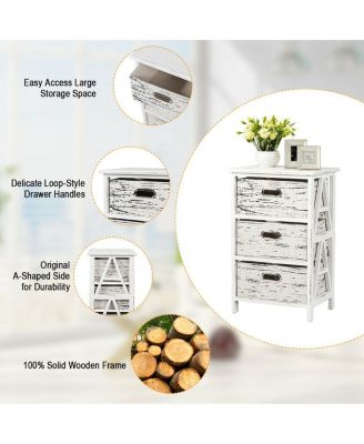 Chest w/3 Fabric Drawers Vintage Wood Frame End Table Side Sofa Table Nightstand