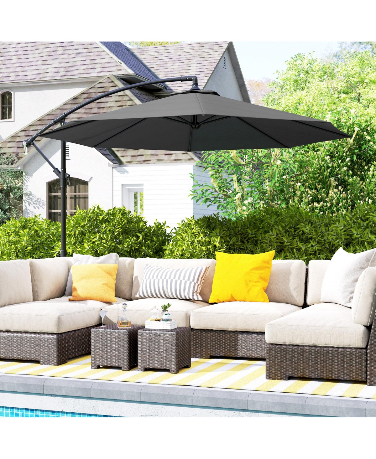 Outdoor Crank Umbrella Deck Sun Protection Shade Canopy w/ Stable Base - Beige