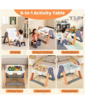 6-In-1 Folding Kids Art Easel with Reversible Building Block Tabletop