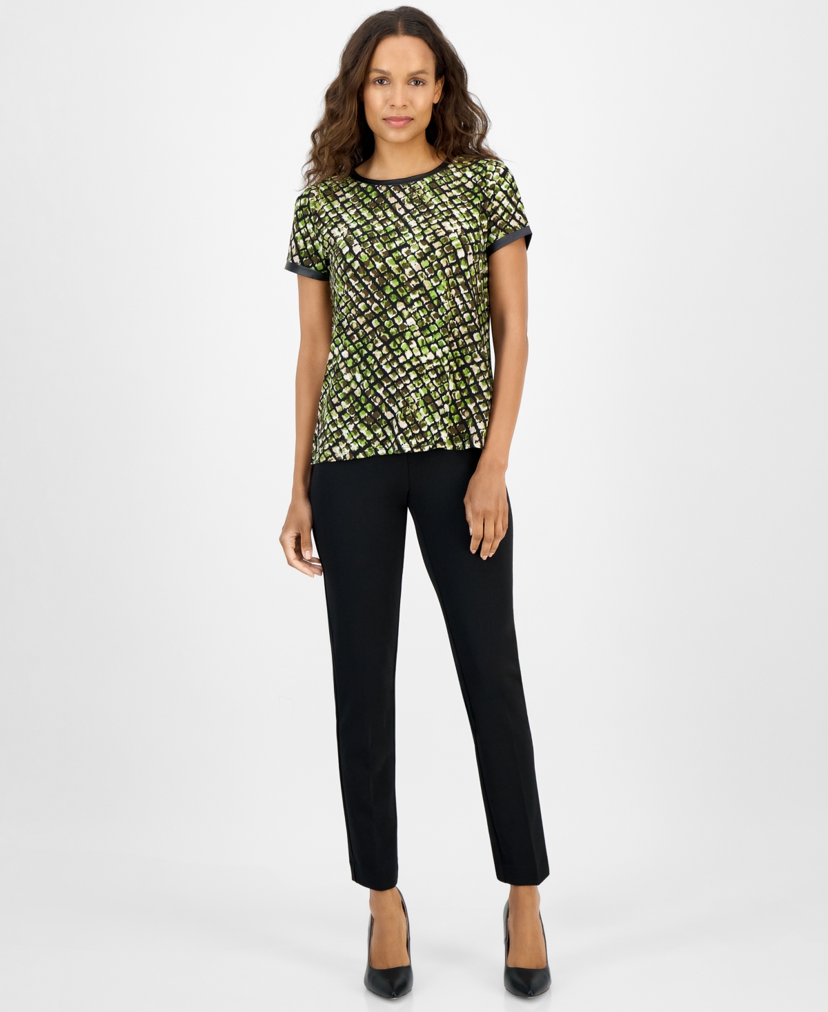 Ak Anne Klein Petite Animal-print Button-back Top