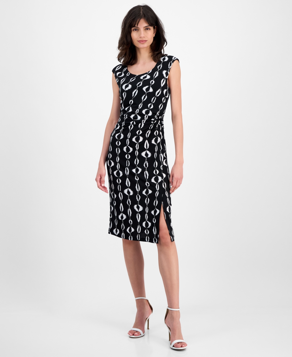 Women's Printed Faux-Wrap Sheath Dress - Blk