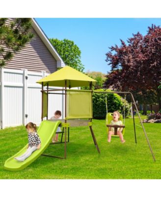 4-in-1 Swing Set with Covered Playhouse Fort and Height Adjustable Baby Seat
