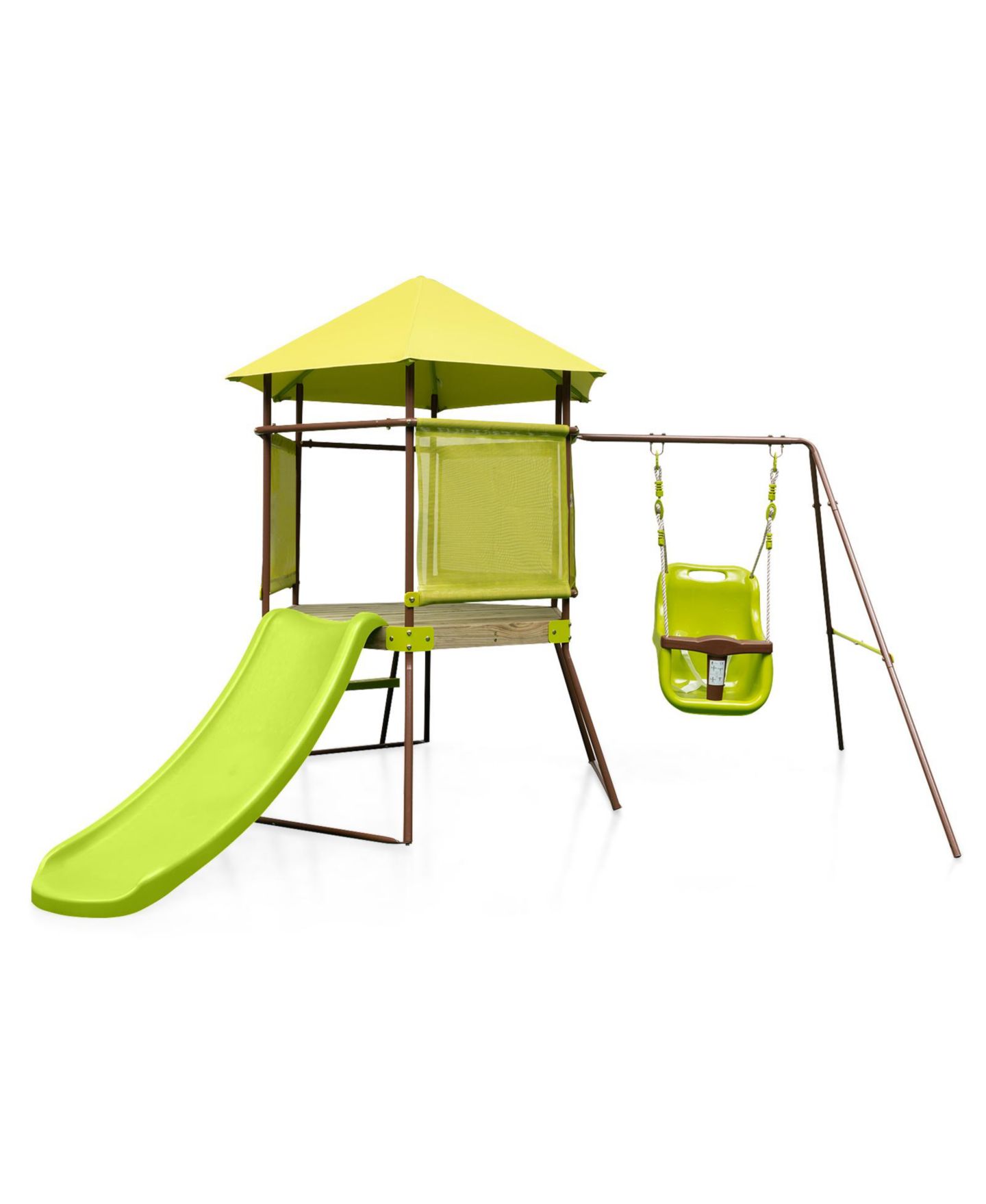 Детские игрушки Mecale 4-in-1 Metal Playhouse Fort Swing Set with Height-Adjustable Baby Seat, Ages 6 Months-12 Years, цвет: Жёлтый — фото 1