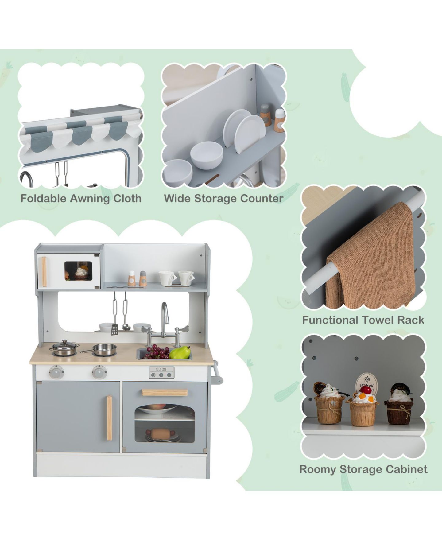 Детский игровой набор Mecale Dual-Sided 2-Seat Cafe Play Kitchen Playset, Ages 3+, цвет: Серый — фото 8