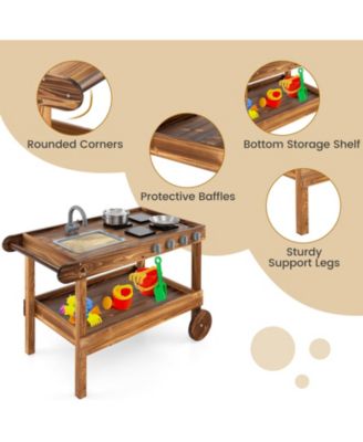 Outdoor Movable Mud Kitchen with 2 Rolling Wheels and 1 Push Handle