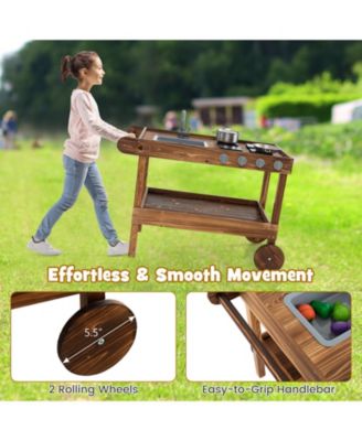 Outdoor Movable Mud Kitchen with 2 Rolling Wheels and 1 Push Handle