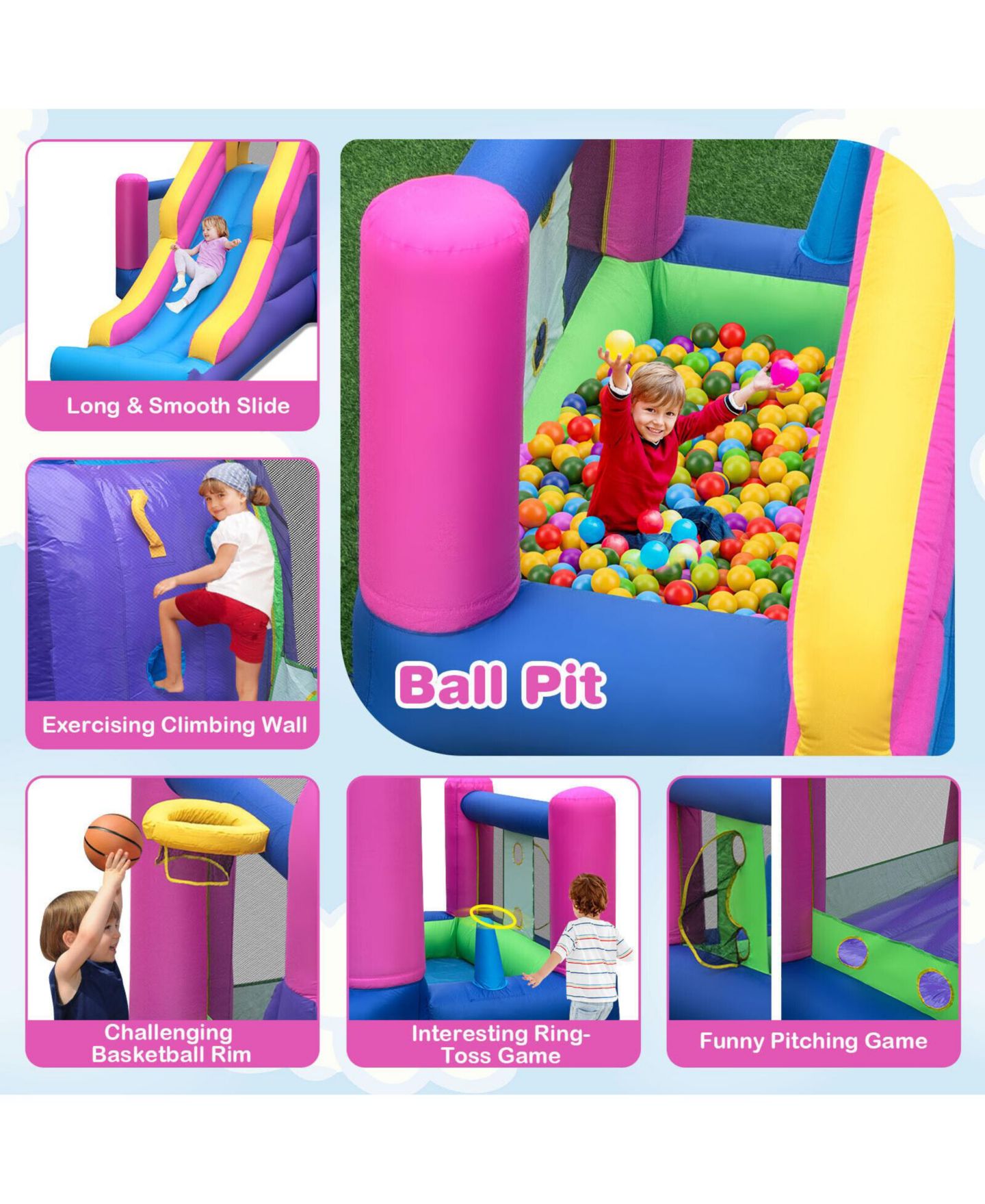 Детская игрушка Mecale 7-in-1 Inflatable Bounce House with Long Slide, 11' x 10', Accommodates 3 Kids, Ages 3-10, цвет: Фиолетовый — фото 4