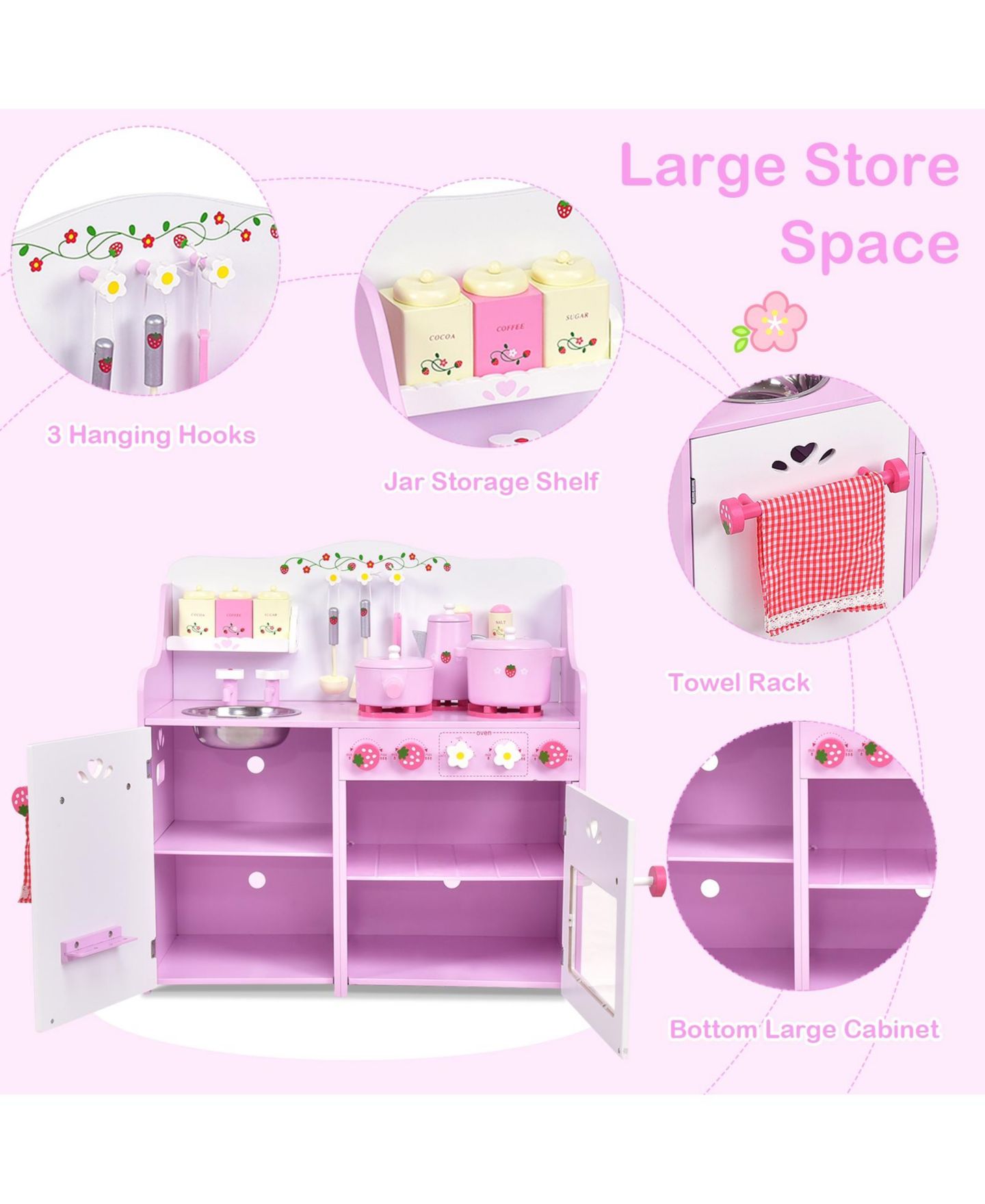Детский игровой набор Mecale Strawberry Wooden Play Kitchen Playset, Ages 3+, цвет: Розовый — фото 7