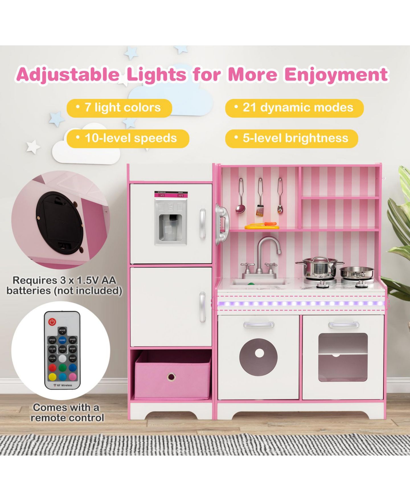 Детский игровой набор Mecale Adjustable LED Lights 16-Piece Wooden Kitchen Playset, Ages 3+, цвет: Розовый — фото 4