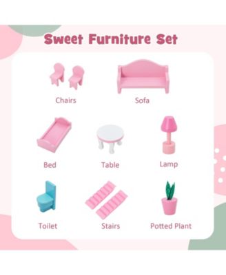 Kids Wooden Dollhouse Playset with 5 Simulated Rooms and 10 Pieces of Furniture