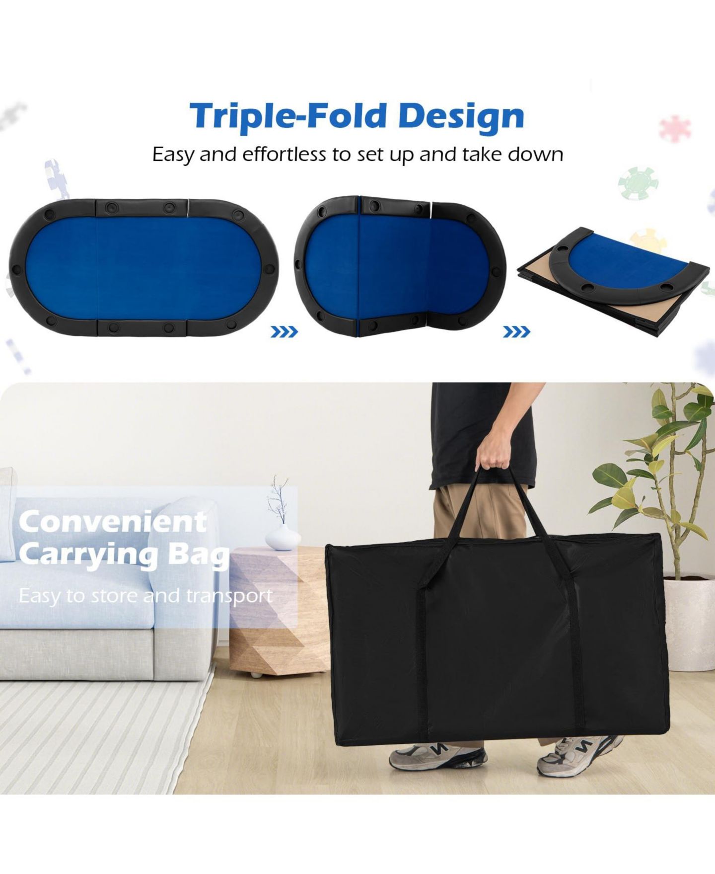 Детские игрушки Mecale 84" x 42" 10-Player Foldable Padded Poker Table Top, Ages 14+, цвет: Синий — фото 6