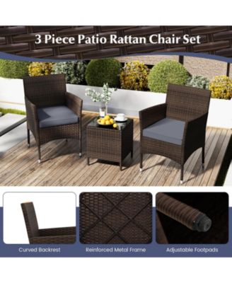 3 Pieces Outdoor Conversation Set with Cushioned Seat and Glass Tabletop