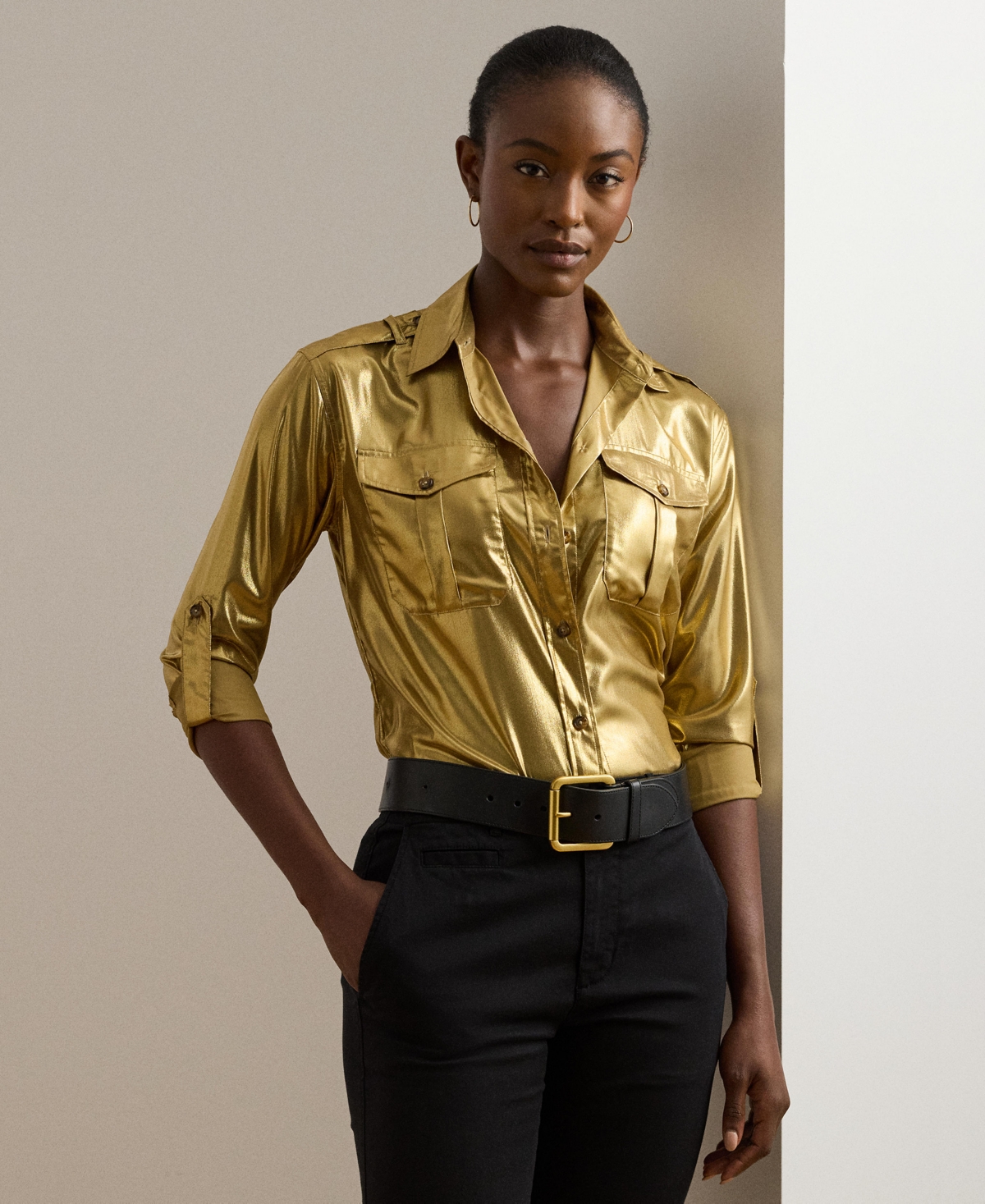 Women's Metallic Chiffon Shirt - Tan/Gold Foil