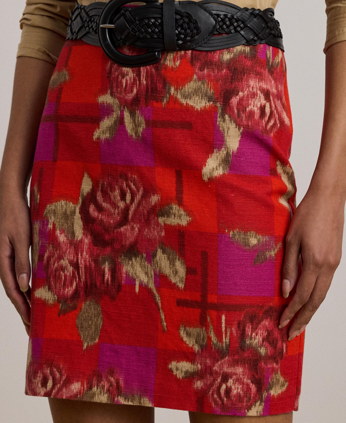 Ralph Lauren Floral Linen-cotton Pencil Miniskirt In Brown