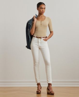 Women's Striped Elbow-Sleeve Henley Top