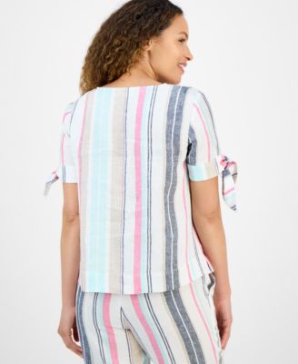Petite Linen Striped Tie-Cuff Short-Sleeve Top, Exclusively at Macy's