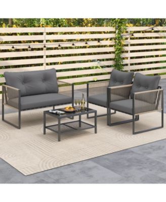 4 Pieces Outdoor PE Rattan Conversation Sofa Set with Cushions