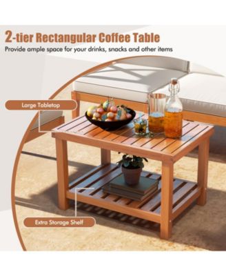 6 Pieces Acacia Wood Patio Furniture Set with Cushions and 2-Tier Coffee Table-White