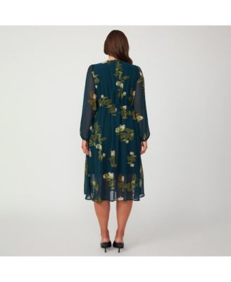 Plus Size Summit Bloom Navy Long Sleeve Midi Dress