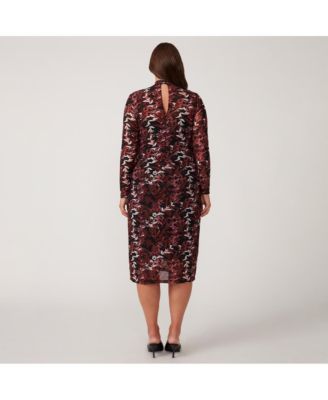 Plus Size Reflection Leaves Mesh Red Pink Black Floral High Neck Bodycon Midi Dress