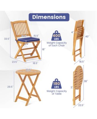 3 Pieces Acacia Wood Patio Folding Bistro Set with Soft Cushions