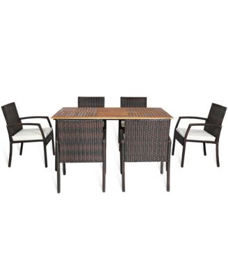 7PCS Patio Dining Furniture Set w/ Wooden Tabletop Cushion Umbrella Hole