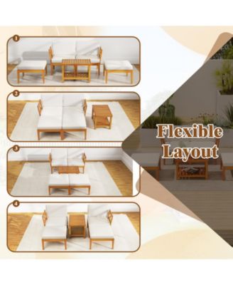 5 Pieces Acacia Wood Patio Chaise Lounge Chair Set with Ottoman and Cushions