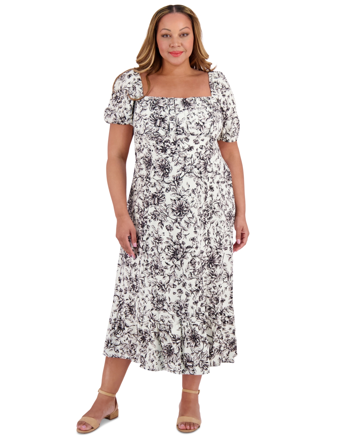 London Times Plus Size Printed Puff-sleeve Maxi Dress