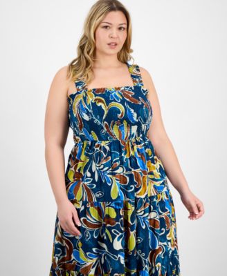 Plus Size Printed Smocked Cotton Sleeveless Maxi Dress