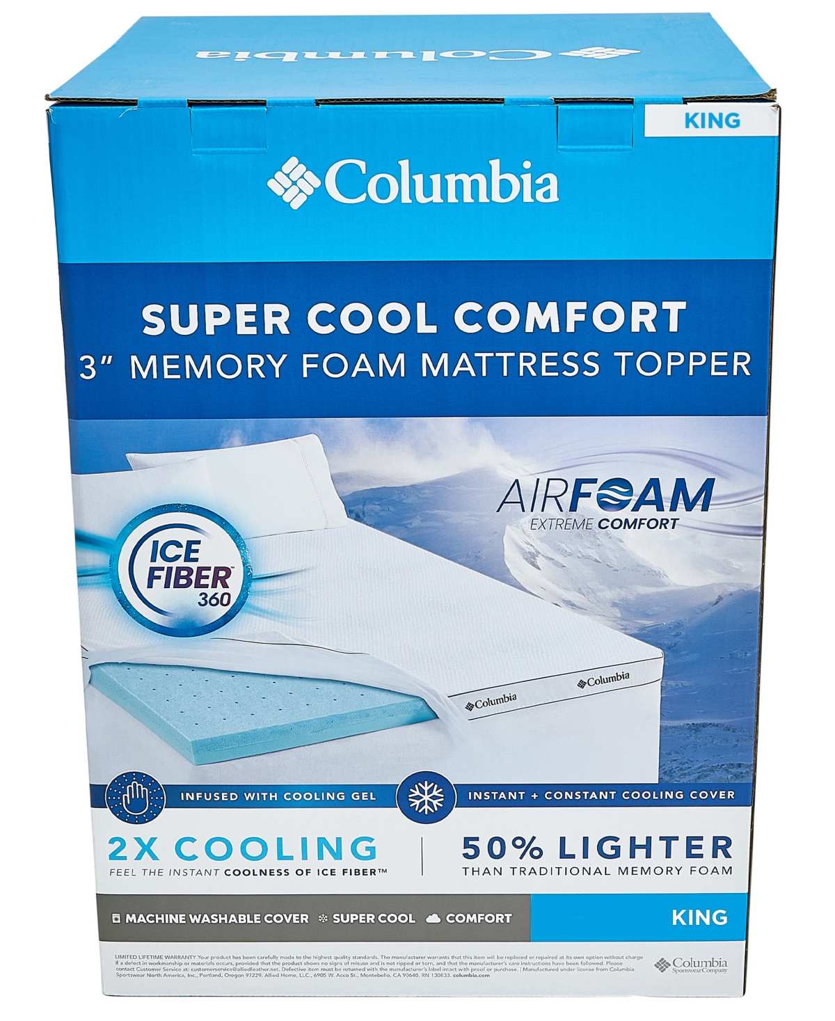 COLUMBIA SUPER COOL COMFORT 3" AIRFOAM TOPPER, KING 