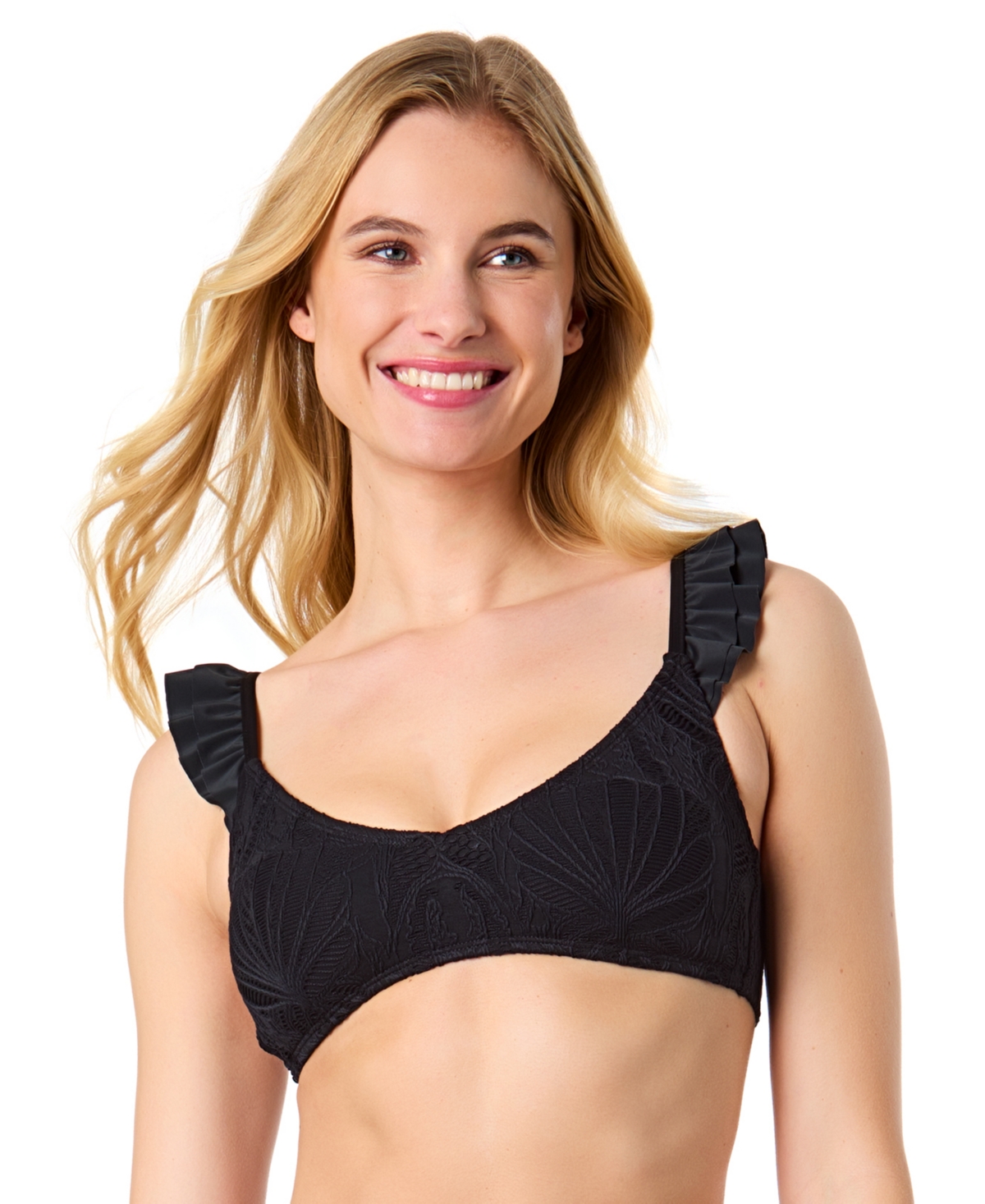 Women's La Vie A La Mer Textured Ruffle Strap Bikini Top - Black