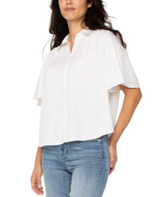 Petite Elbow-Sleeve Button-Front Blouse
