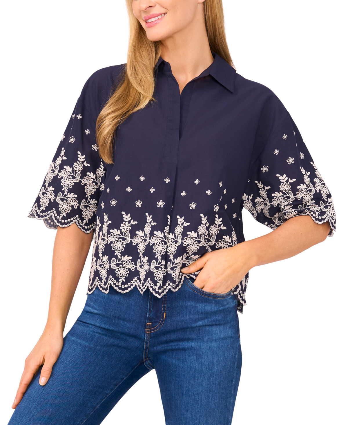 Women's Contrast Embroidered Cotton Collared Shirt - Night Shade