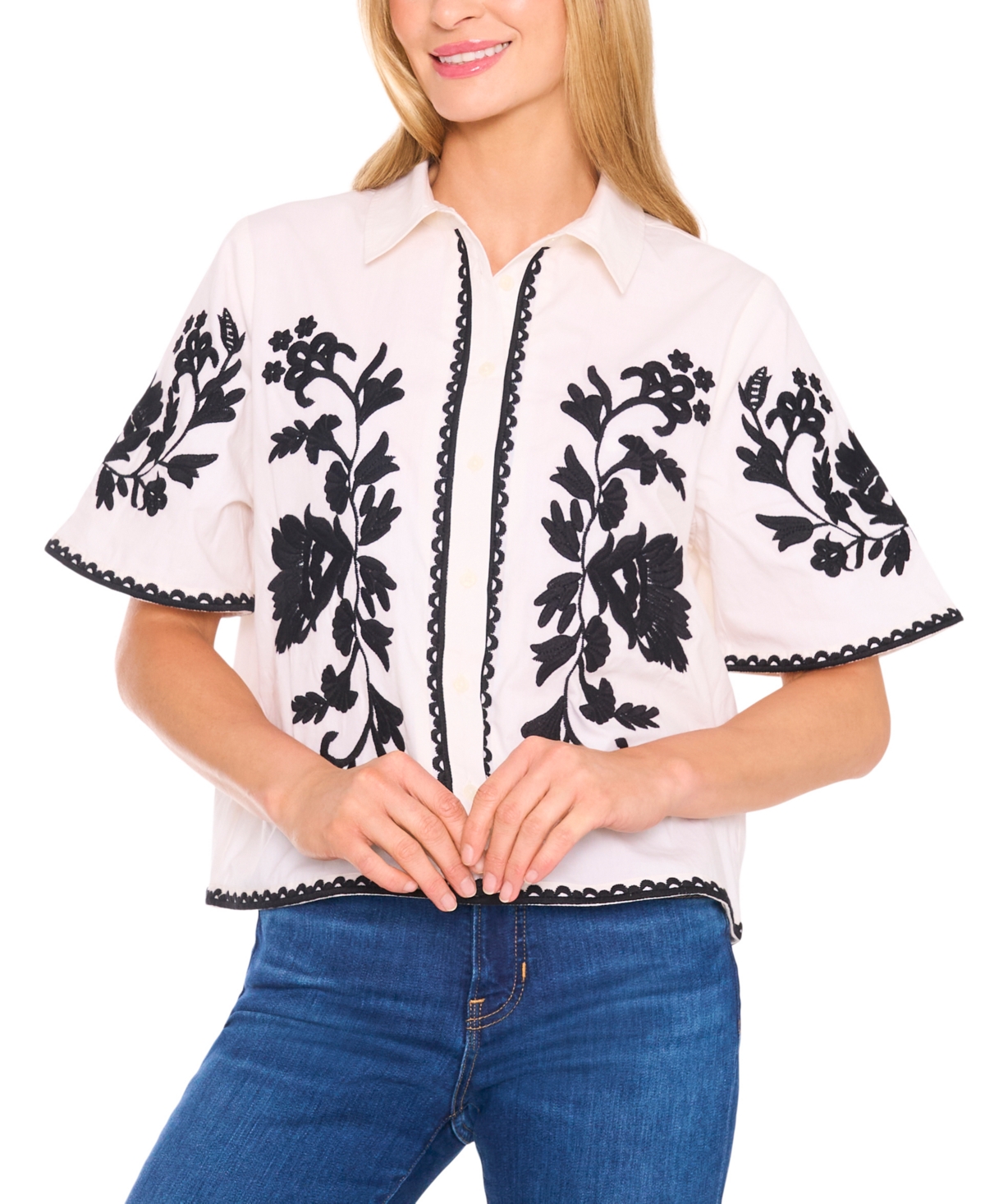 Women's Embroidered Short-Sleeve Shirt - Eggnog