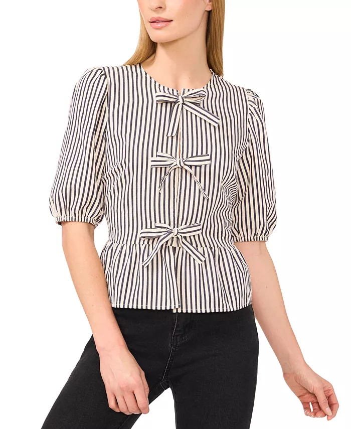 Women's Striped Puff 3/4-Sleeve Bow-Front Peplum Blouse