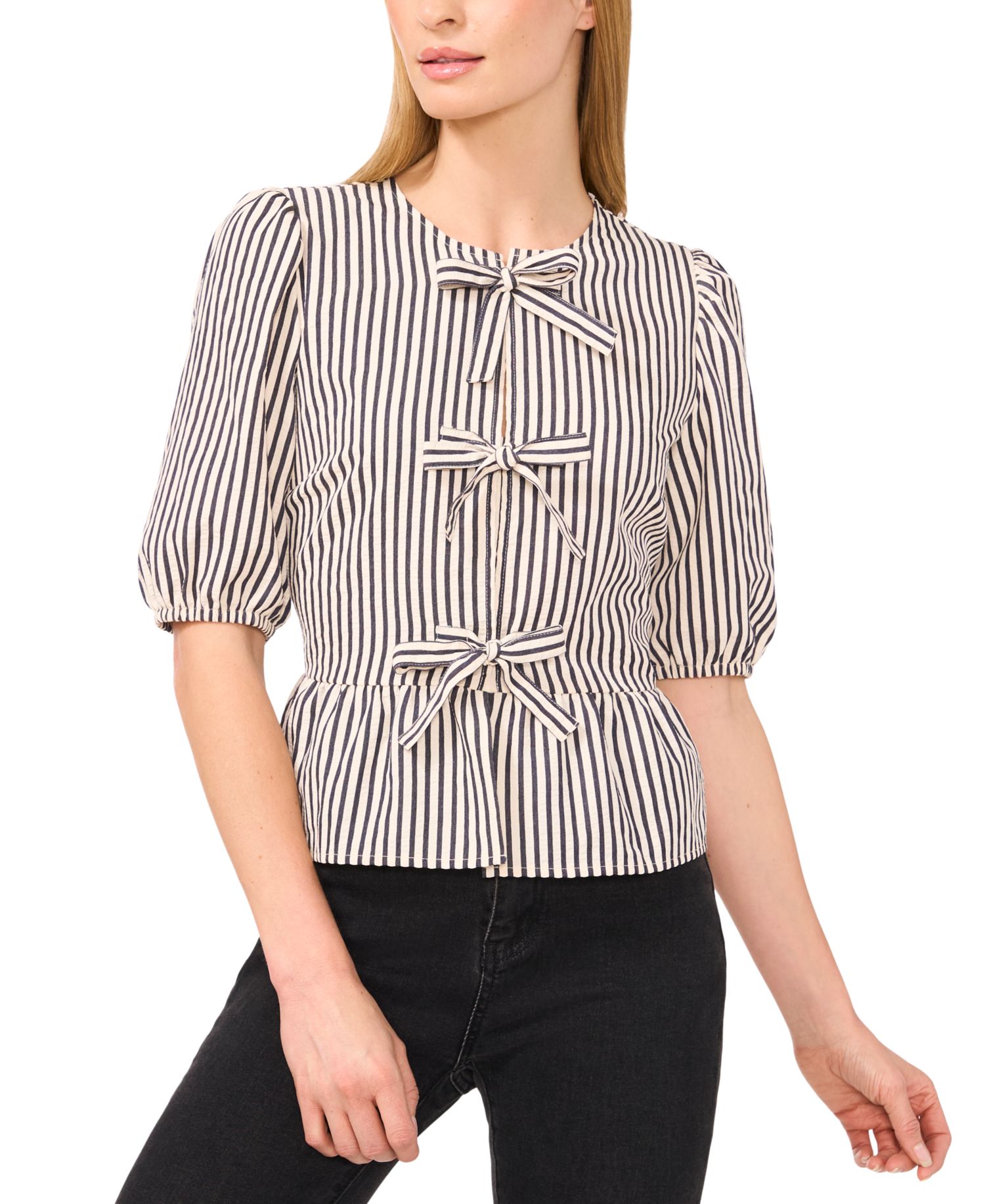 Women's Striped Puff 3/4-Sleeve Bow-Front Peplum Blouse