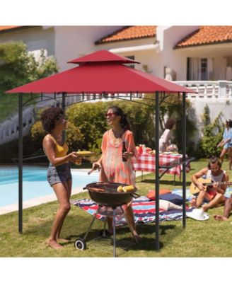 Outdoor Double-Tiered Grill Gazebo Canopy with 2 Shelves and 7 Hooks-Red