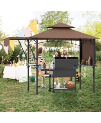 13 x 5 Feet Grill Gazebo with Dual Side Awnings and 2 Shelves Adjustable Shadow-Coffee