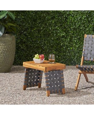 Outdoor Folding Side Table with Woven Accents, Wooden End Table for Living Room, 19 Inch Patio Side Table