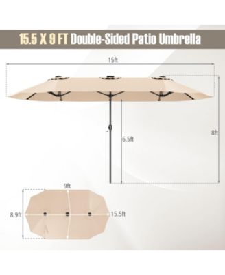 15.5 FT Extra-Large Patio Umbrella with LED Solar Lights and Crank Handle-Beige