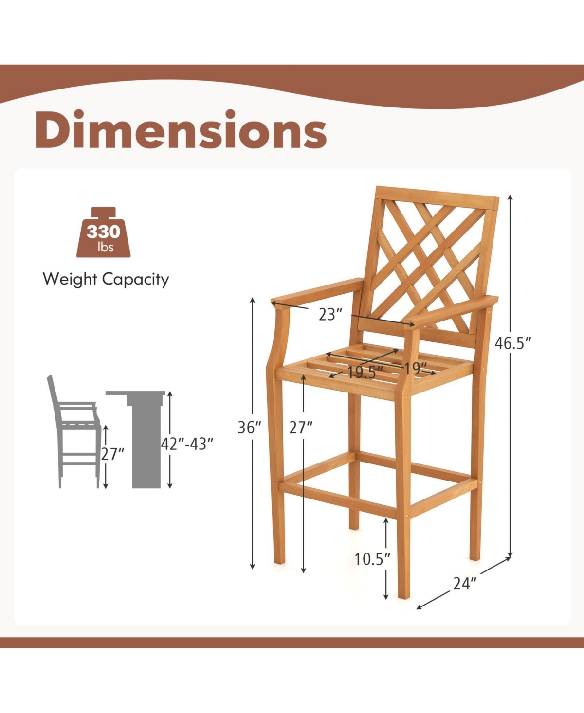 Patio Teak Wood Bar Stool Outdoor Counter Height Chair with Ergonomic Backrest