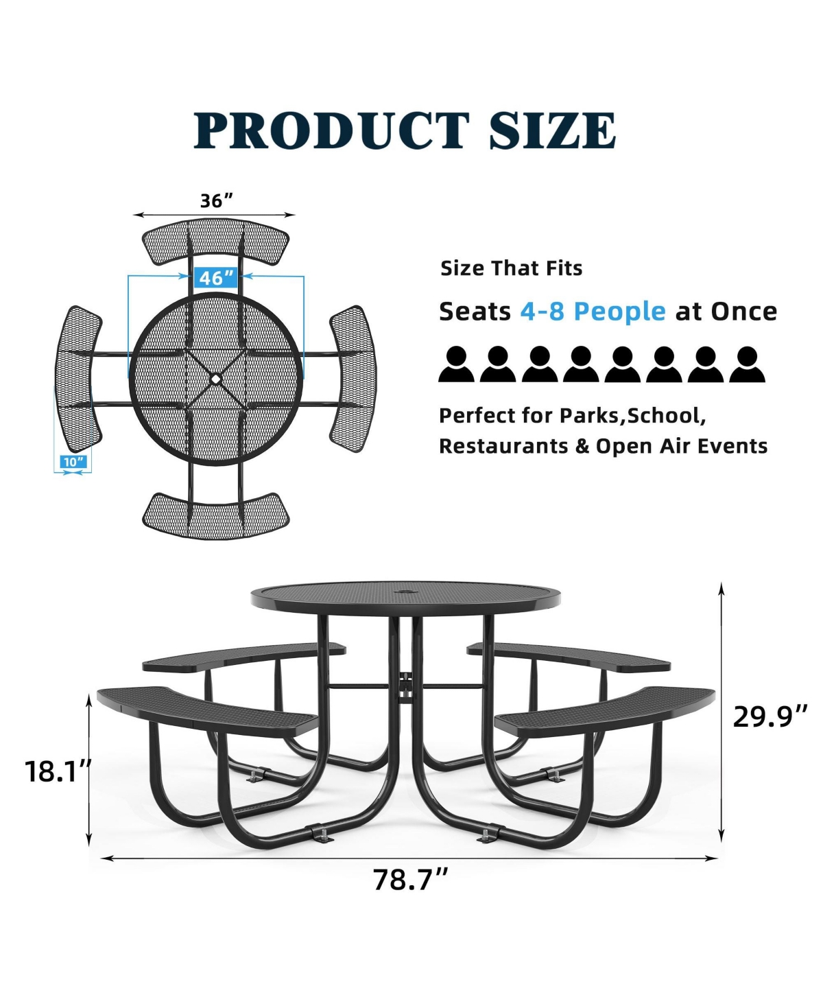 Round Outdoor Steel Picnic Table 46" with umbrella pole
