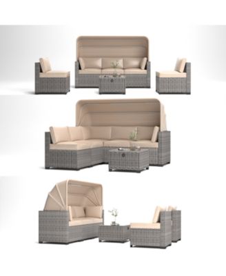 6 Pieces Patio Furniture Sets, Outdoor Rattan Daybed with Retractable Canopy, Outdoor Sectional Sofa Set with Adjustable Backrest, Chaise Chair Sunbed